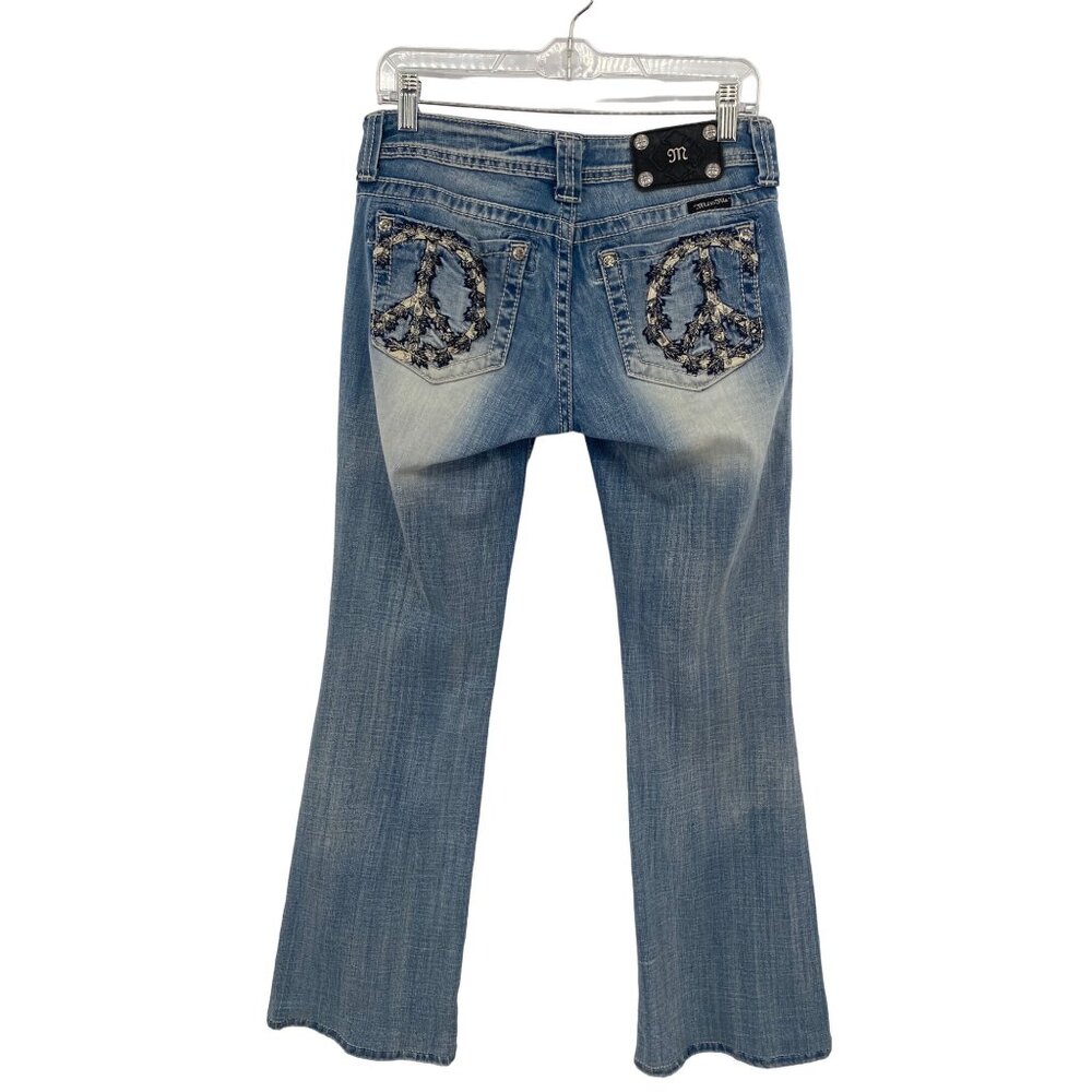 MISS ME FLARE PEACE EMBELLISHED MID RISE LIGHT WASH SIZE 28